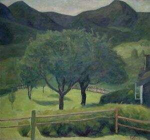 
 "From Kviteseid in Telemark," an oil on canvas painting by Einar Sandberg, showing a lush green tree in the center, smaller trees on the sides, rolling hills in the background, and part of a rustic building on the right, set against a soft, pale blue-gray sky.