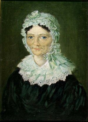  Oil on canvas portrait by Matthias Stoltenberg featuring a middle-aged woman with grayish hair, wearing a white lace cap and collar with a green ribbon, set against a dark greenish-brown background.