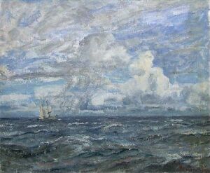  Oil painting on canvas by Thorolf Holmboe, showcasing a tumultuous sea with varied shades of blue and white topped by a dynamic and cloud-filled sky in shades of white, gray, and hints of lavender, featuring a small distant ship on the horizon slightly to the right.