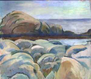  Painting by Axel Revold featuring a serene landscape of soft-hued boulders in the foreground leading to a prominent rock formation in the middle, with calm blue-green waters and a gently overcast sky in the background, conveying a sense of coastal tranquility through the use of light pastel colors and harmonious composition.