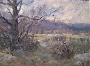  An oil on paperboard landscape painting by Jørgen Sørensen, featuring a foreground with intricate, leafless trees, and a background with distant buildings set against a cloudy, expressive sky, rendered in a muted, earthy color palette.