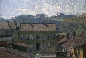  "The View from my Window" by Fredrik Borgen is an oil on canvas artwork featuring a somber urban scene with a range of buildings in the foreground, a winding road in the midground leading to the horizon, and a light blue sky speckled with white clouds above.