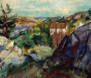 Alt Text: Oil on canvas landscape painting by Henrik Lund, featuring rugged foreground rocks in dark blues and greys, a middle ground with vibrant greens and hints of structures painted in reds and browns, and a pale blue sky meeting the land on the horizon. The painting has an impressionistic style with bold brushwork, evoking the dynamic beauty of the natural scene.