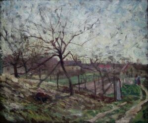  Oil on board painting by Edvard Diriks showing a leafless tree in the foreground with intricate branches, a fenced garden in the background, and a subtle figure, all composed in a muted palette of earth tones and pastel shades suggesting early spring.