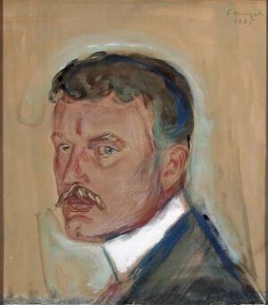  "Self-Portrait" by Edvard Munch, featuring the artist in a head-and-shoulders view, executed in watercolor, gouache, pastel, and colored pencil on cardboard. His gaze is direct, and the brushwork emphasizes the texture and emotional depth of his visage, with a muted color palette of pinks, browns, and blues against a light beige background.