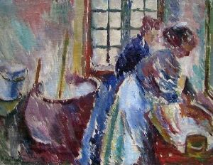  An impressionist oil painting on canvas by Ludvig Karsten featuring a figure in blue, likely a woman, performing a domestic task. The expressive brushstrokes in blues, greens, and warmer tones of red and yellow create a vibrant scene of indoor life with textural depth and an abstracted sense of reality.