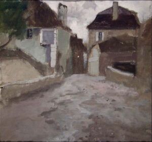  "Village Street in Overcast Weather" by Frits Thaulow, an impressionistic oil painting depicting a desolate narrow street lined with aged buildings under a gray, cloudy sky, rendered in earth tones and grays with hints of reflective wet surfaces.