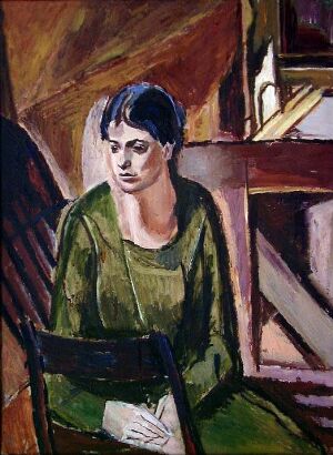  Oil painting by Henrik Sørensen depicting a contemplative woman in a green dress, seated indoors. The painting features expressive brushwork with a palette of deep greens, purples, and browns, creating a moody atmosphere with abstract geometric shapes in the background.