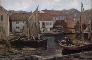  "Harbor Scene" oil painting on paperboard by Johan Nielssen, featuring a calm harbor with aged boats, a man standing on the dock, muted reflections on the water, and a row of houses along the shore against a soft, hilly backdrop.