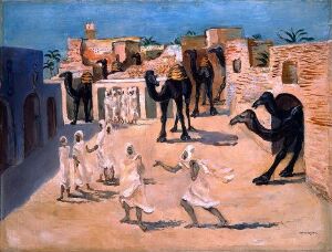  "The Arrival of Camels to Nefta in Tunisia" by Per Krohg, depicting a bustling North African town scene with people in white attire and dark brown camels amidst terracotta-colored buildings under a clear blue sky.