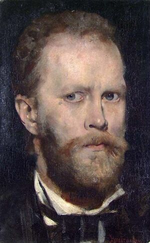  An oil portrait of a pensive-looking man with auburn hair and beard, dressed in formal 19th-century attire, set against a dark background on canvas.