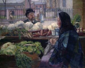  "Scene from the Vegetable Market" by Halfdan Strøm features an outdoor market with a male vendor on the left and a female customer on the right, negotiating over a stall brimming with colorful vegetables, under an overcast sky in an urban setting.