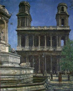  Oil painting on wood panel by Sigmund Sinding depicting the Church Saint-Sulpice in Paris with intricate architectural details. The painting showcases the church's two symmetrical towers against a blue and white sky, with a palette of browns, creams, and grays highlighting the texture of the stonework and shadows accentuating its form. The composition is focused on the façade of the building, complete with stairs and an ornate balustrade leading up to it.