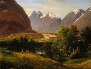  An oil painting on canvas by Thomas Fearnley depicting a romantic landscape with lush greenery in the foreground, a riverbed in the middle, and towering snow-capped mountains in the background, with a soft sky suggesting a tranquil atmosphere.