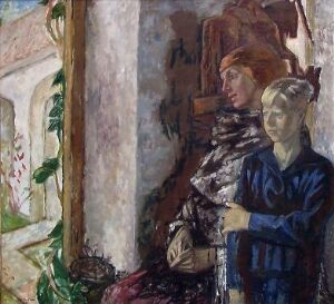  Oil on canvas painting by Alf Rolfsen titled "Group" showing two indistinct figures, a clear image of a young person wearing a blue outfit in the foreground, and a second figure with a brownish tone in the background, accented by a window and greenery. The palette is muted with soft brushstrokes.