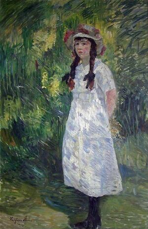  Oil painting by Halfdan Strøm on canvas depicting a young girl in a white dress with blue floral patterns standing in center; her hair in braids with red ribbons, wearing a matching red-bowed hat and dark boots, set against an impressionistic backdrop of green foliage with hints of blue, white, and yellow flowers.