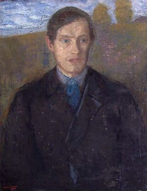  Oil on canvas portrait by Oluf Wold-Torne featuring a contemplative male figure with fair skin and brown hair, dressed in a dark coat and vest with a light blue shirt and blue cravat, set against a background of indistinct earth tones with hints of blue sky.