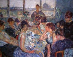  An impressionistic oil painting on canvas by Søren Onsager depicting a lively social gathering with people around a table, possibly engaged in a craft or game, set against a cool-hued background suggesting an outdoor setting with distant architectural forms. The painting employs a rich palette with a mix of soft and vibrant colors, showcasing the artist's fluid brushstrokes and the interplay of light and shadow.
