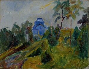  "White House in Bohuslän" by Thorvald Erichsen, an impressionistic oil painting on paperboard showing a white house with a distinctive bright blue roof amidst a lush, green landscape with rolling hills and tall trees, under a softly blended blue-grey sky.