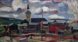  "View of Røros" by Tor Refsum, an oil painting depicting the historic Norwegian mining town of Røros, with a central church with a green copper roof, surrounded by colorful wooden buildings against a dynamic sky with blues, grays, and whites.