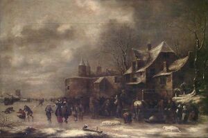 Alt-Text: Winter scene by Klaes Molenaer, showing an oil painting on a wooden panel. The painting features rustic buildings and people engaging in winter activities under a cloudy sky, with a color palette dominated by whites, greys, and browns.