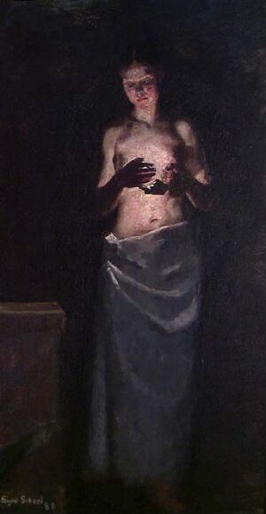  Oil painting on canvas by Signe Scheel depicting a female figure standing against a dark background. She is gazing directly at the viewer with modesty, covering her bare chest with her arms. She wears a silvery-gray draped skirt, highlighting the delicate rendering of light and shadow on her form.