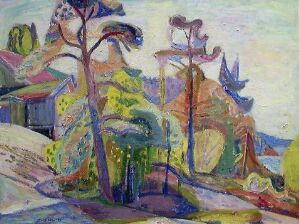  "Landscape from Holmsbu," an expressionistic oil painting by Aage Storstein, featuring vibrant, distorted trees in the foreground with houses in the midground, and rolling hills under a swirling sky painted in a palette of blues, purples, and greens.