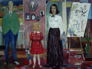  Oil painting on canvas by Erling Enger, depicting a stylized family portrait within a richly decorated room, featuring a man, a girl with a blue toy, and a woman standing next to an easel with a child's drawing, showcasing varied textures and a vivid color palette.