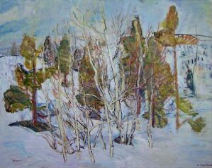  An oil on canvas painting by Alexander Schultz featuring a winter landscape with a cluster of trees in the foreground, predominantly in whites and blues, with touches of green and brown, depicting a serene and slightly melancholic scene.