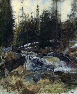  Oil on canvas painting by Eilif Peterssen depicting a verdant forest with a rocky stream, showcasing a blend of earthy tones and impressionistic brushstrokes that capture the dynamic scenery and natural beauty of the woodland environment. The play of light and shadow offers depth and movement across the canvas.