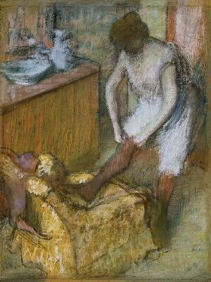  Pastel artwork on wood board by Edgar Degas, titled "Woman Putting on Her Stockings," depicting a woman seated on a yellowish chaise lounge, pulling up her stocking, with a wash basin in the background. The colors are soft and muted.