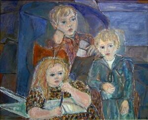  "The Reader" by Alexander Schultz, an oil on canvas painting depicting three children clustered around an open book; the foreground child appears engaged with reading, while the other two, wearing red and blue, are attentive or pensive. The background is filled with rich blues and violets, creating an intimate, story-time atmosphere.