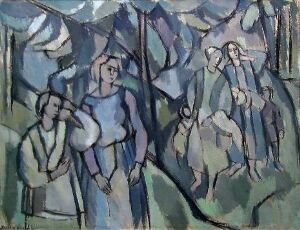  "Group of Stylized Figures," a visual art piece by Ragnhild Langmyr, using gouache on paper plate, featuring an abstract representation of human figures in cool shades of blue and gray with subtle mauve undertones, set against a wooded-like background, suggesting movement and interaction.