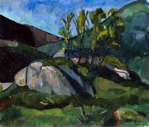  An oil painting on canvas by Jean Heiberg depicting a vibrant landscape with lush greenery, large grey rocks, young trees, and rolling hills in the background, all rendered with dynamic and expressive brushstrokes.