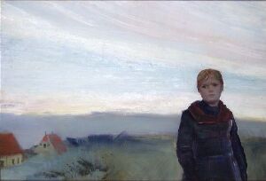  Fine art painting by Christian Krohg, featuring a contemplative young boy in the foreground with a desaturated palette of blues and grays, standing against a backdrop of subdued rural or coastal landscape under an overcast sky, conveying a solemn and introspective mood.