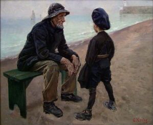 
 "Good Friends," an oil painting on canvas by Christian Krohg, depicting an elderly man seated on a green wooden bench speaking with a young child in a black sailor suit, set against a beachside background with muted colors.
