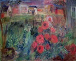  An impressionistic oil painting by Hans Ryggen on canvas featuring oversized red poppies in the foreground with stylized rural houses in varied colors in the background, set under a sky of pale blues and purples, expressing a vibrant and emotive rural landscape.