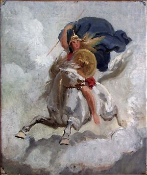  "The Valkyrie" by Peter Nicolai Arbo, a painting on canvas showing a wing-helmeted female warrior riding a leaping white horse, carrying a golden shield, set against a hazy gray background.