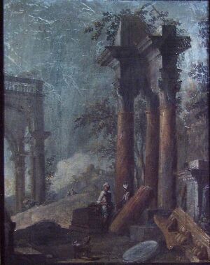  "Klassiske ruiner" by Francesco Gadi is an oil on canvas painting depicting ancient classical ruins with broken columns in earthy browns against a background of faded architectural structures, all rendered in a palette of deep blues, browns, and greys to convey a sense of historical decay and nostalgia.