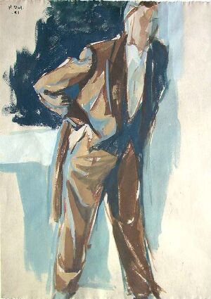  "Study for The elected Men" by Harald Dal, a gouache on paper artwork featuring an abstracted human figure in formal attire with fluid brushstrokes in earthy tones of brown, tan, and white, accentuated by deep blue and black against a light and dark blue background.