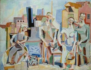  "Fishmarket" by Aage Storstein, an expressionist painting on canvas depicting a semi-abstract fish market scene with six stylized figures in a palette of muted pastels set against geometric forms representing the market surroundings.