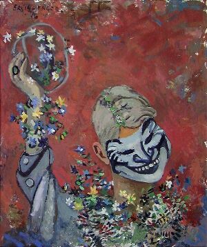  "Man saluting" by Erling Enger - An abstract oil painting on canvas featuring a peaceful man in a sailor's uniform saluting while turned to the side and a fantastical upright hare-like figure also saluting, both surrounded by an array of colorful flowers against a textured red background.