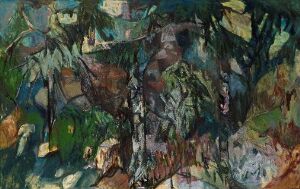 
 Abstract oil painting by Ragnar Kraugerud on canvas, featuring a dynamic, layered blend of greens, blues, yellows, and browns, possibly depicting a forest or garden scene with an expressionist style.