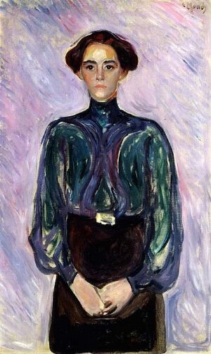  Oil painting on canvas by Edvard Munch featuring a figure in a dark teal blouse and dark skirt, with hands gently clasped in front. The figure stands against a swirl of pastel lavender, pink, and light blue in the background, creating a striking contrast.