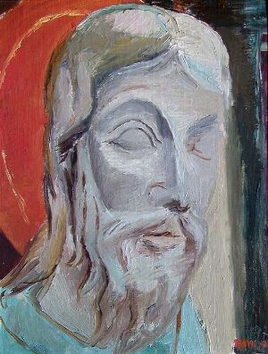  "Head of Christ, Chartres" by Hugo Lous Mohr, is an oil painting on canvas mounted on a wood fiber panel, featuring an abstract representation of Jesus Christ's face in pale tones, with expressive brushstrokes against a bold red and blue-black background.