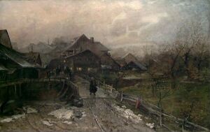  Oil on canvas painting by Gerhard Munthe featuring a somber rural landscape with railroad tracks in the foreground, melting snow patches, a lone figure walking towards a cluster of houses under a cloudy sky, all rendered in subdued earthy tones capturing the essence of an overcast day.