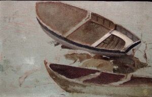  "Two Rowing Boats" by Gudes skole is a muted color palette painting depicting two wooden boats resting on calm waters, rendered in naturalistic brown, tan, and gray tones, conveying a sense of serenity.