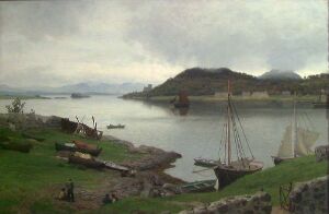  "Oban Bay" by Hans Gude, an oil painting on canvas, displaying a calm bay with grayish-blue waters and overcast sky, featuring boats and two figures in a rowboat. The natural, earth-toned landscape with muted greens and browns surrounds the bay, conveying a sense of serene beauty.