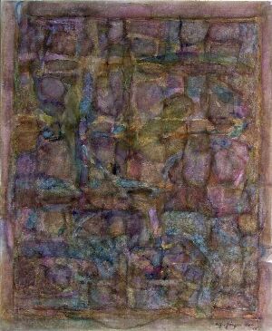 
 "The Window" - an abstract watercolor painting on paper by Alf-Jørgen Aas, with a grid structure in soft purples, blues, greens, pinks, and browns, creating an ethereal patchwork that resembles a multifaceted view through a window.