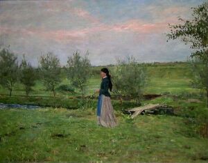  "Oil on canvas painting by Erik Werenskiold depicting a woman in a dark blue jacket and muted skirt standing in a lush, green countryside with a stream and a wooden bridge, under a pastel-hued dawn or dusk sky."